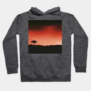 Flock of Birds and Tree Silhouette Against a Sunset, Landscape Digital Illustration Hoodie